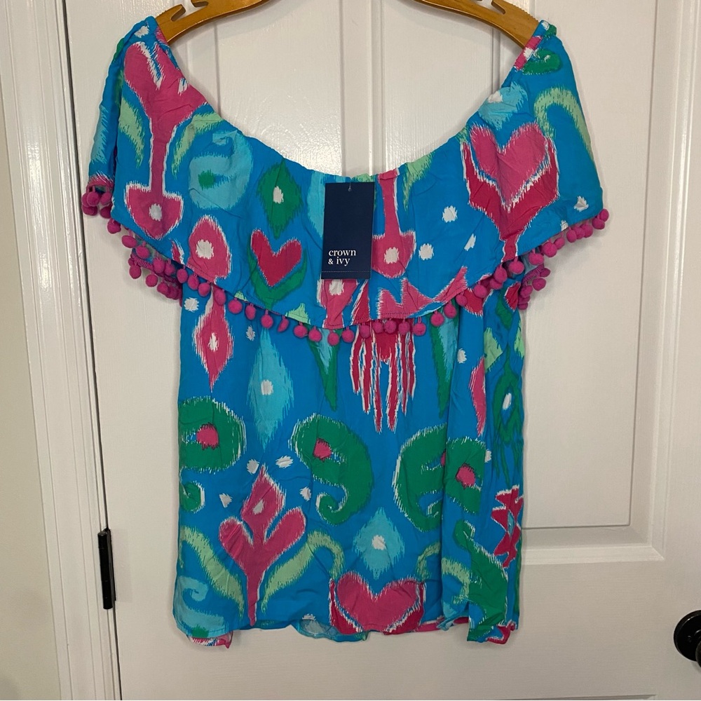 NWT Plus Size Pom Trip Crown & Ivy Top in Pink & Blue / 1X - Picture 2 of 10